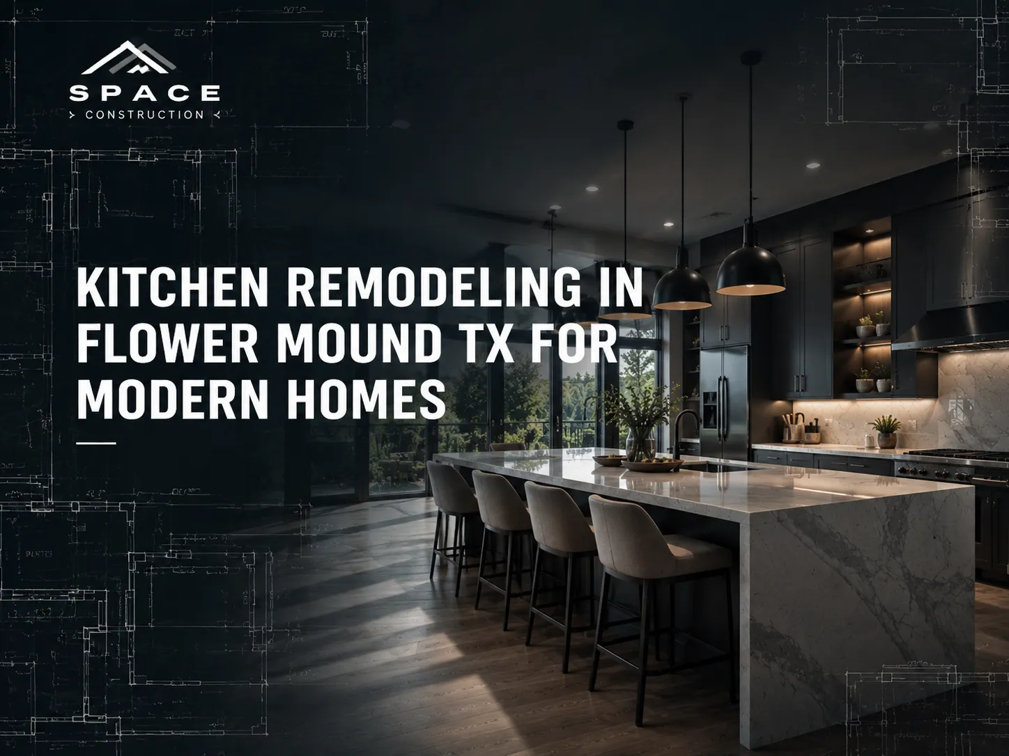 Kitchen Remodeling in Flower Mound TX for Modern Homes Modern kitchen remodeling in Flower Mound, TX, featuring a luxury kitchen with dark cabinetry, marble island, pendant lighting, and architectural blueprint accents.
