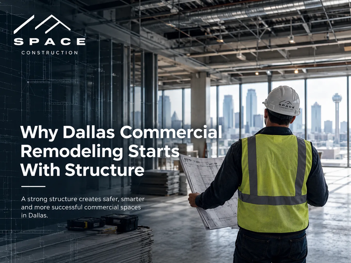 Why Dallas Commercial Remodeling Starts With Structure Commercial remodeling project in Dallas with a construction professional reviewing architectural plans inside a renovated space.